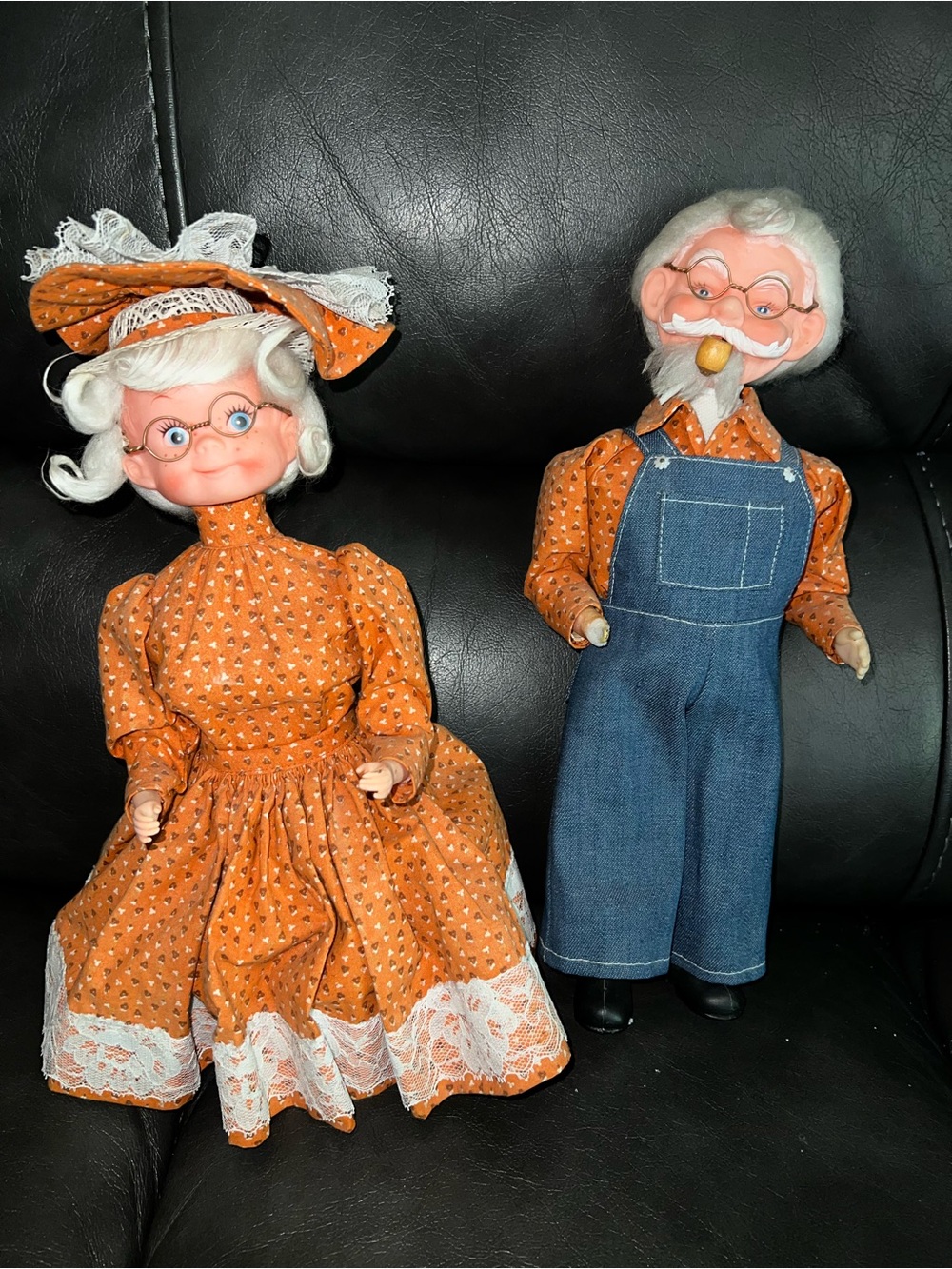 Vintage Style Grandma and Grandpa Cloth Dolls in Orange Dresses